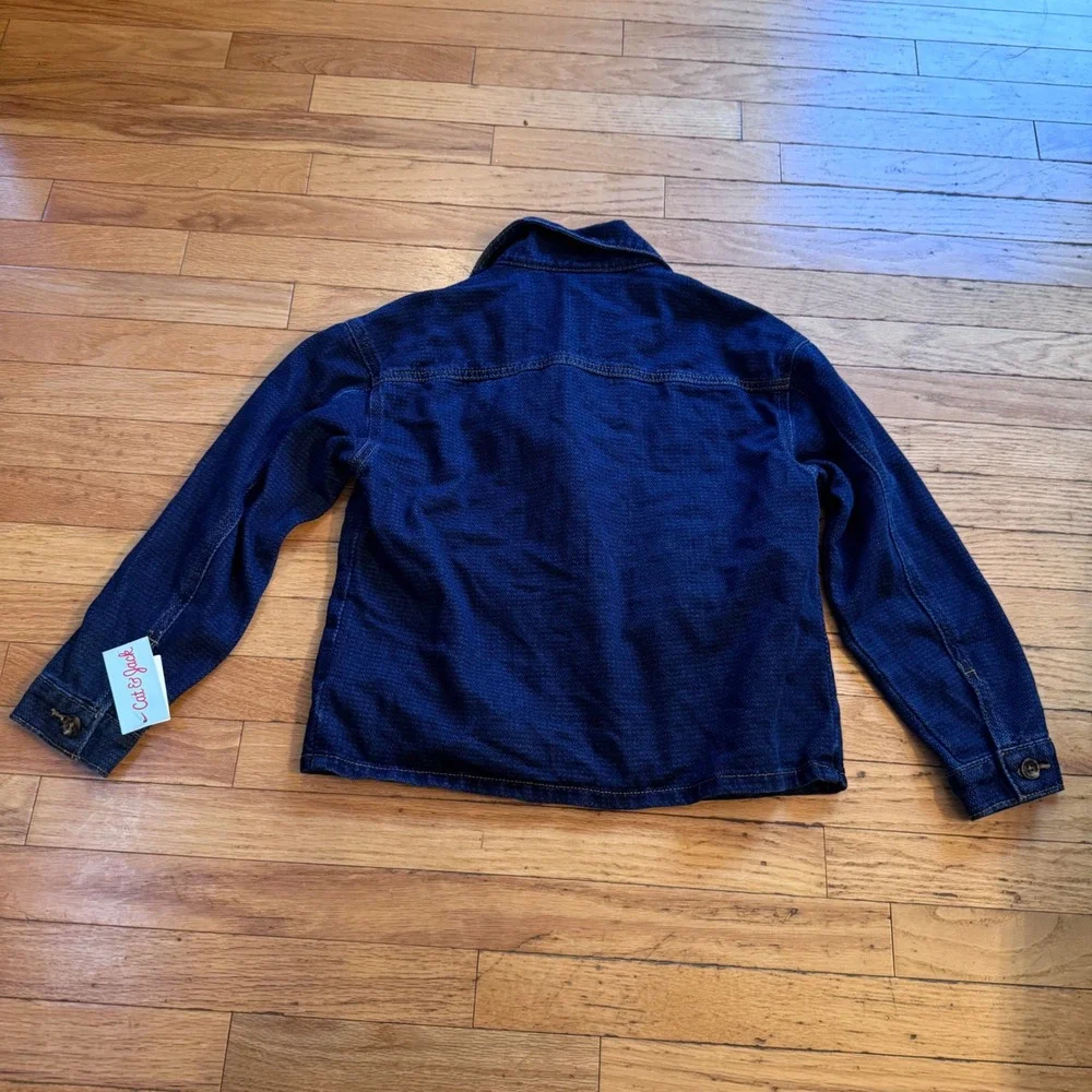 Cat & Jack Girls Dark Wash Denim Chore Jacket XL 14 Textured Chevron Indigo NWT
